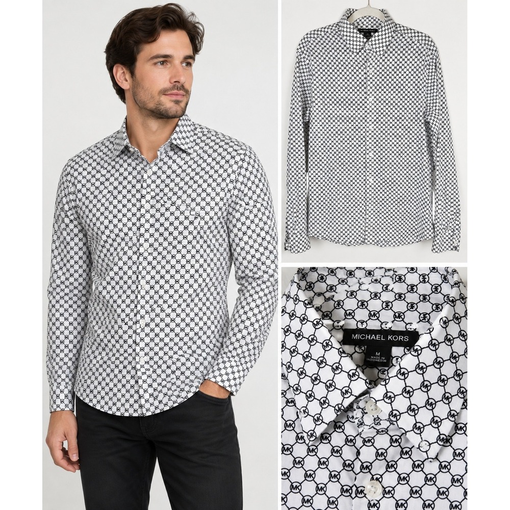 Michael Kors Slim Fit Dress Shirt Mens M White Black MK Logo Print Long Sleeve